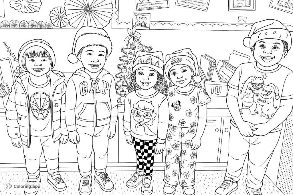 A delightful holiday children coloring page featuring five smiling kids in festive hats and attire, standing by a decorated tree in a classroom setting.