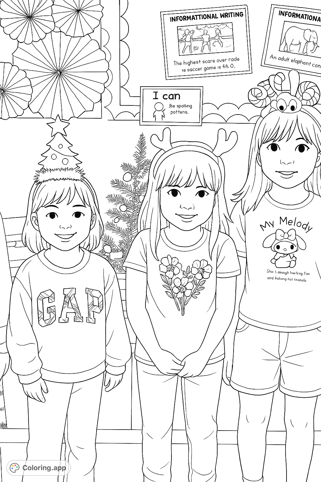 Celebrate the season with three smiling girls in festive headbands and themed attire, set against a decorated classroom background, perfect for creative coloring fun.