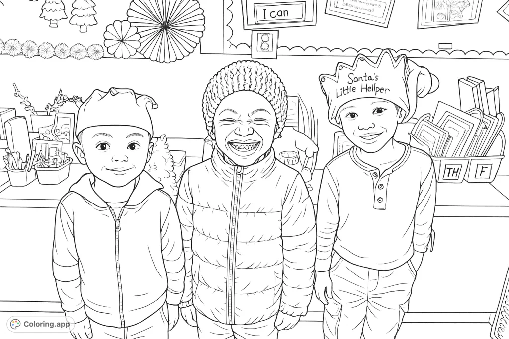 Three joyful children in playful hats stand together in a classroom, perfect for a cheerful holiday-themed coloring page.