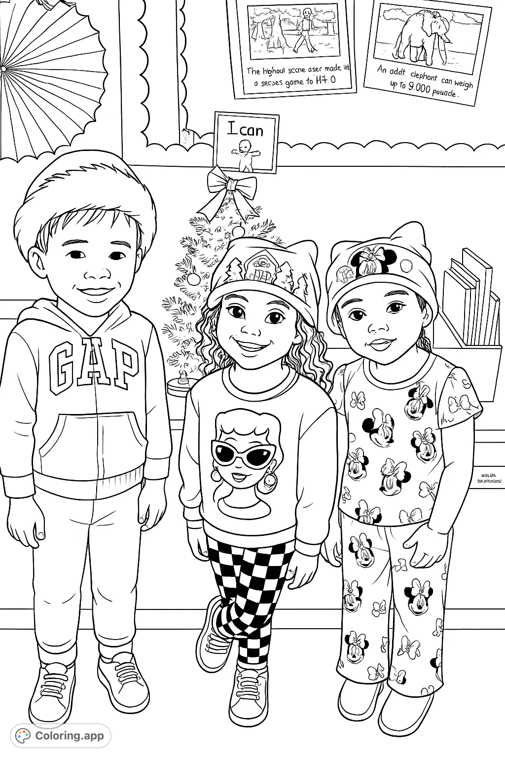 Three joyful children pose in festive hats and patterned outfits beside a decorated miniature tree, ready for creative coloring fun.