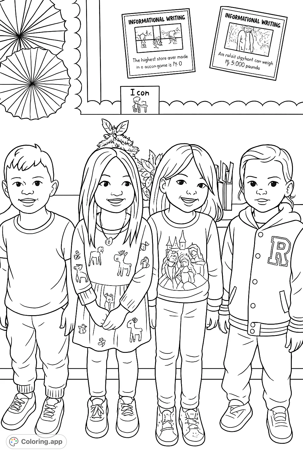 A heartwarming classroom scene featuring four cheerful children standing together, surrounded by festive and educational wall decorations. Perfect for young colorists.