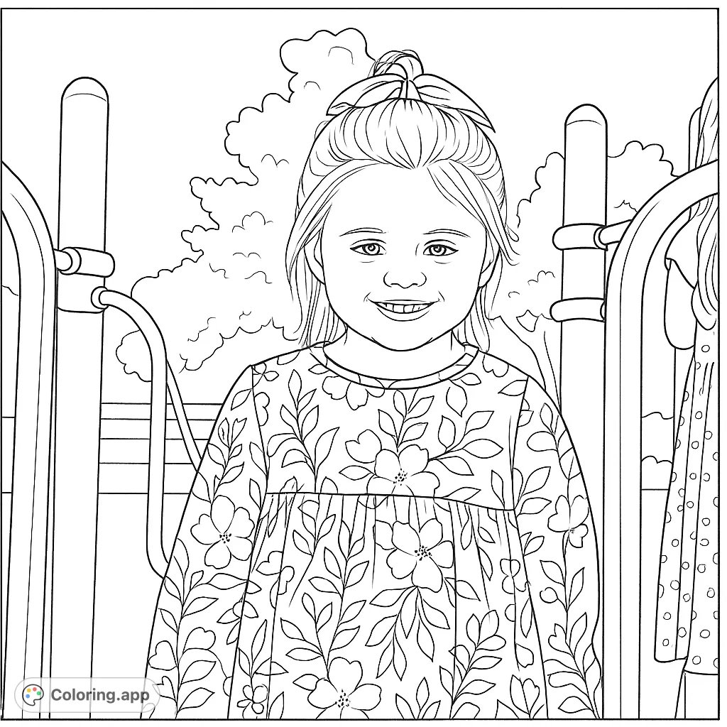 A joyful young girl with a floral dress and hair bow smiles at a playground. A delightful scene for kids to color.