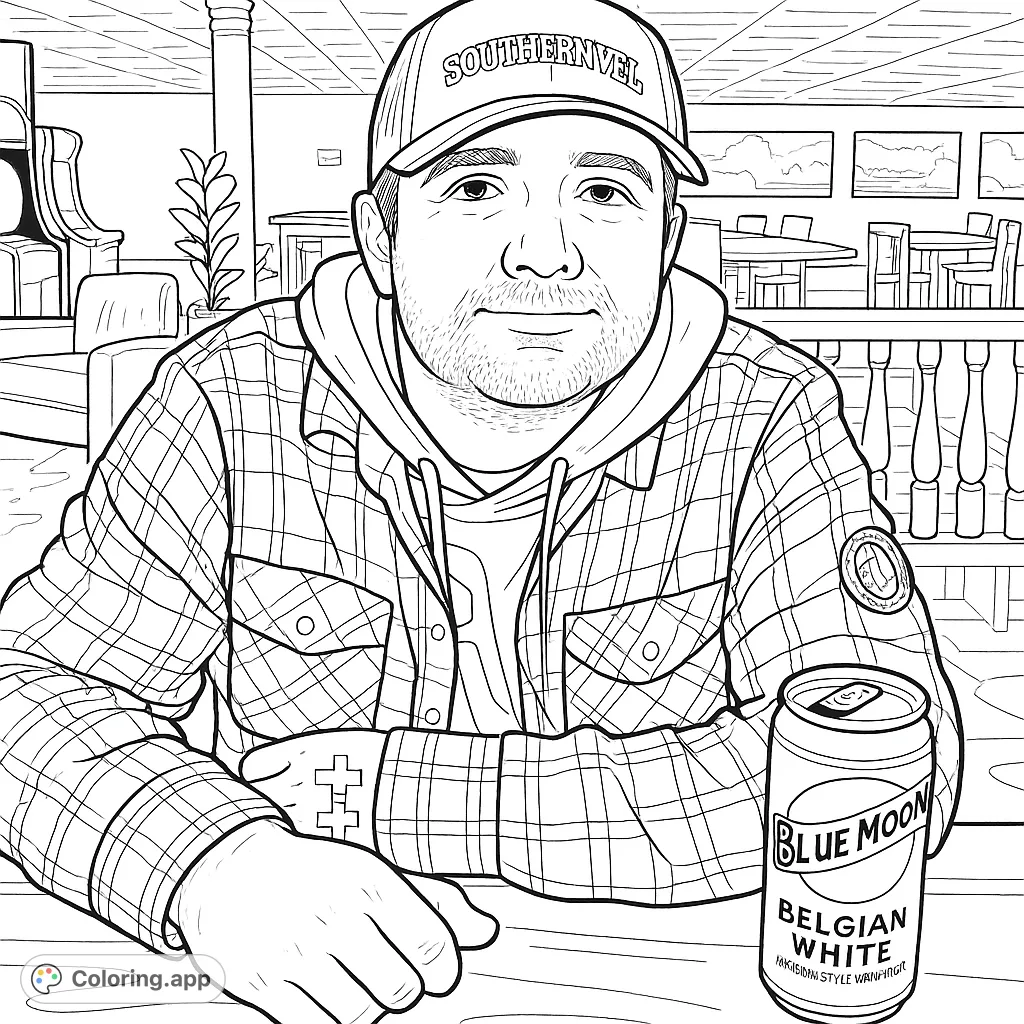 A person in a detailed plaid shirt and hat sits at a table with a beverage can, featuring intricate patterns and a subtle background for engaging coloring.