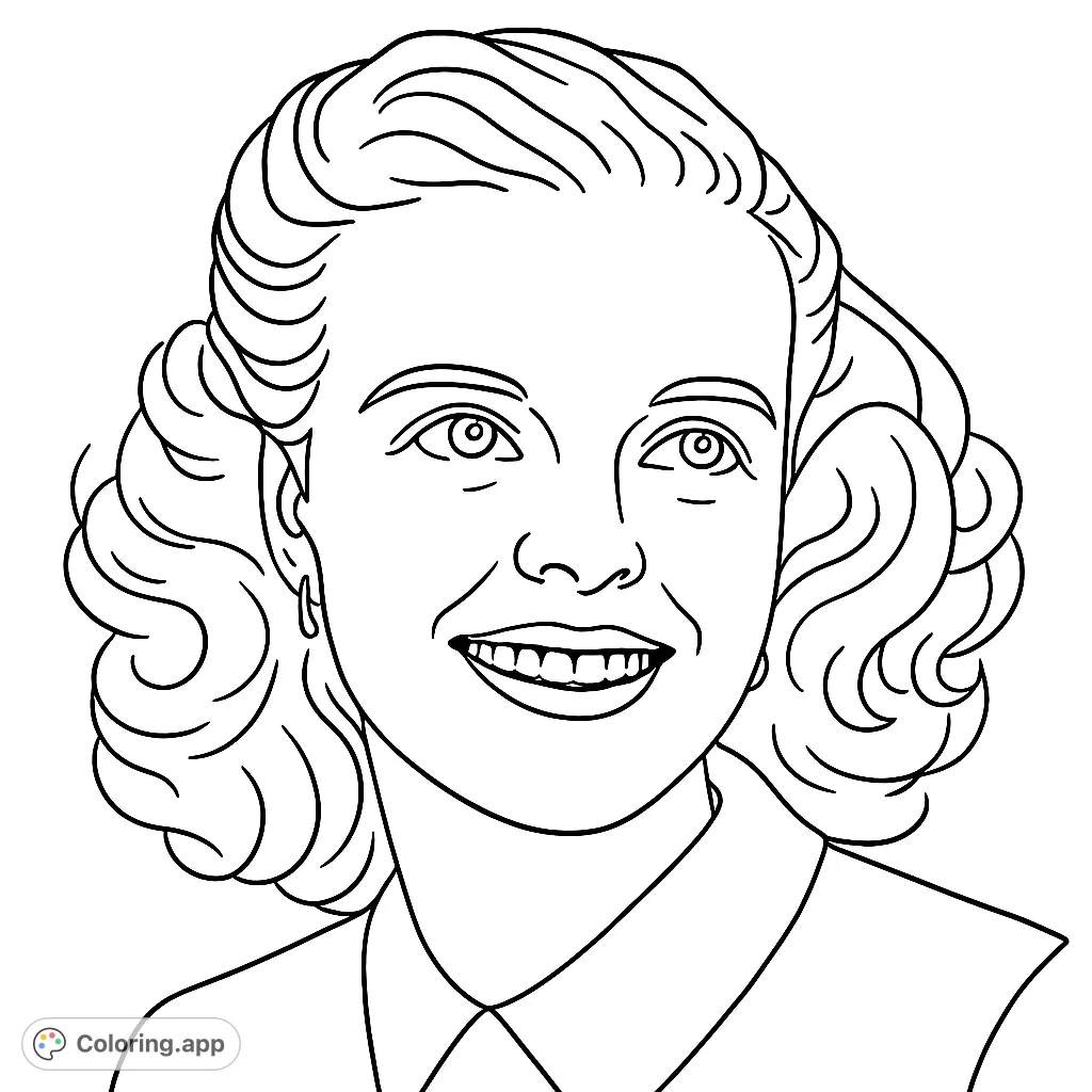 Capture a timeless smile with this vintage portrait coloring page. Features a woman with elegant curls and a warm, open expression, perfect for a personalized artistic touch.