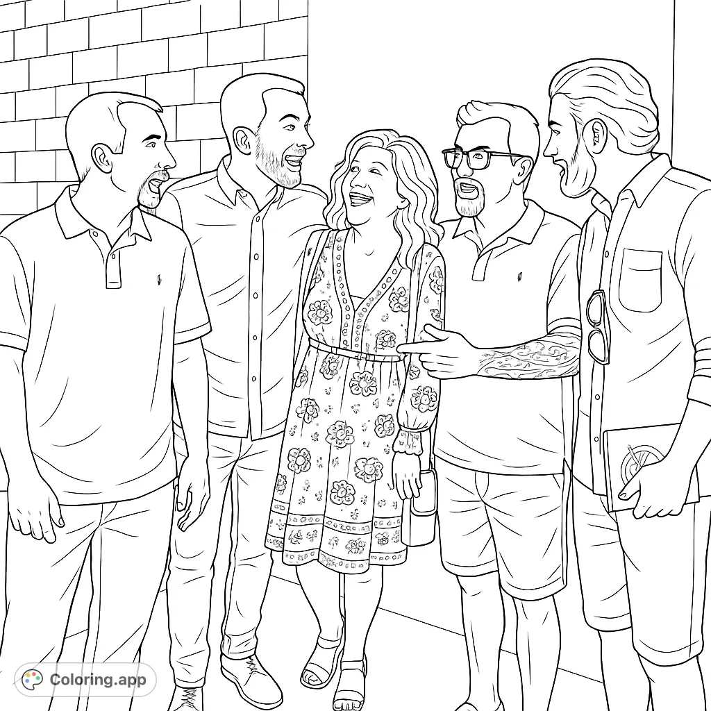 Capture a heartwarming group portrait of a woman surrounded by four men, sharing a joyful moment. This family coloring page features intricate patterns and expressive faces.