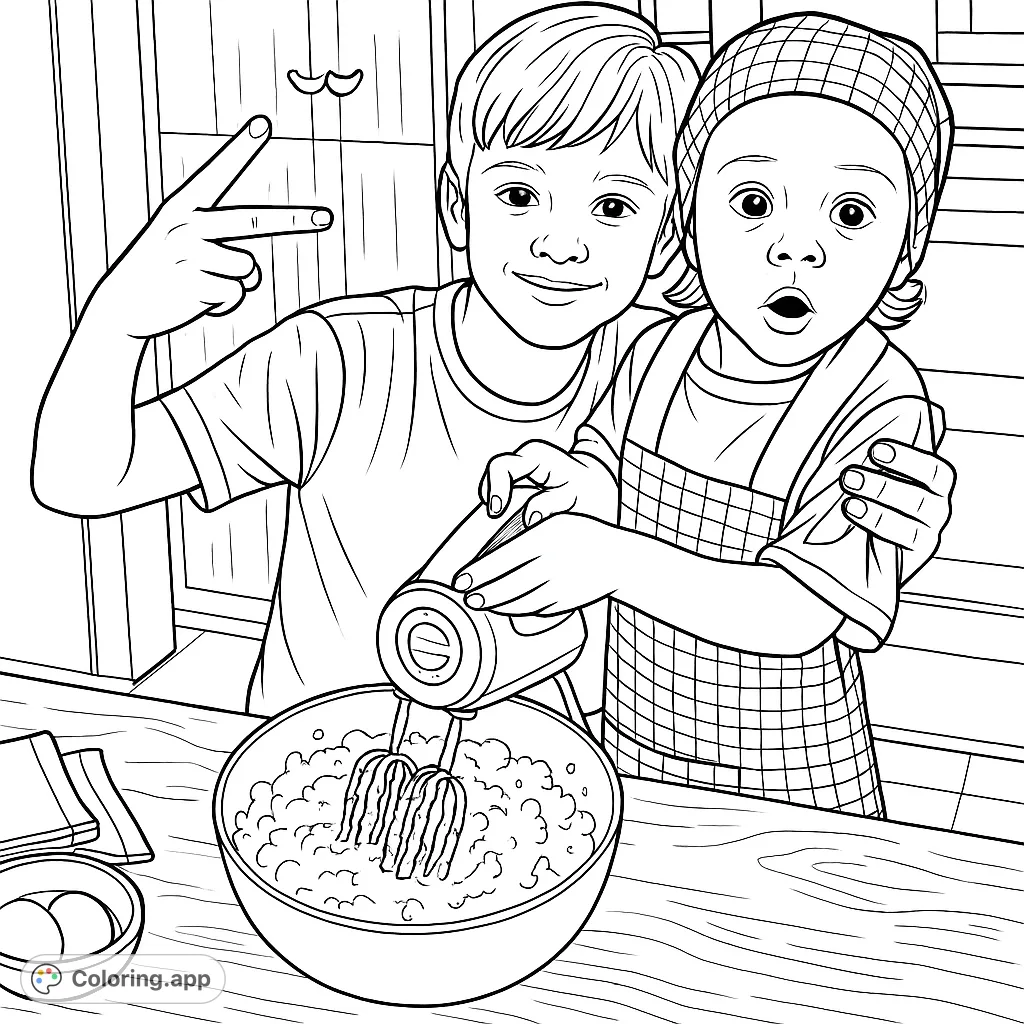 A delightful baking scene featuring two children happily mixing batter in the kitchen. Perfect for sparking creativity and interest in culinary activities.