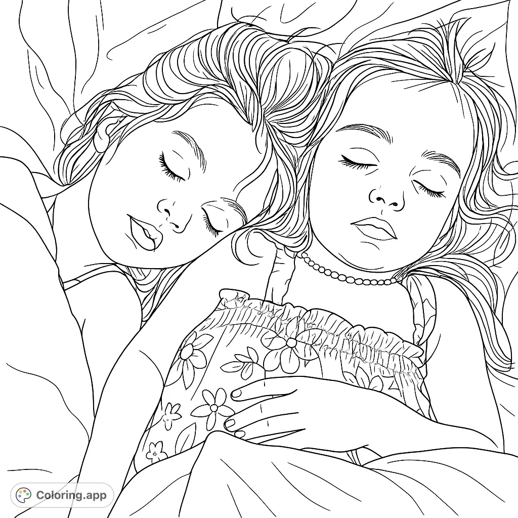 A tender scene of two young children sleeping peacefully together, nestled under soft blankets, perfect for a calming and heartwarming coloring experience.