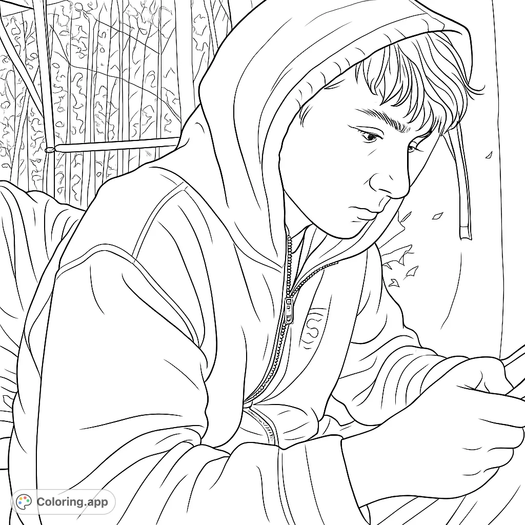 A thoughtful young person in a hoodie, gazing downwards, surrounded by a subtle outdoor backdrop. A detailed portrait ready for personalized shading.