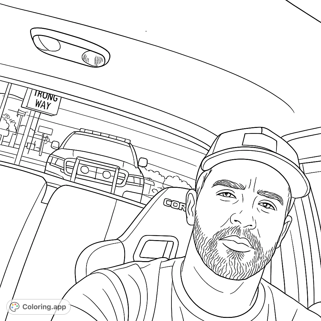 Capture a unique roadside moment featuring a man's expressive selfie and a police vehicle with active lights, set against a backdrop of familiar signs.