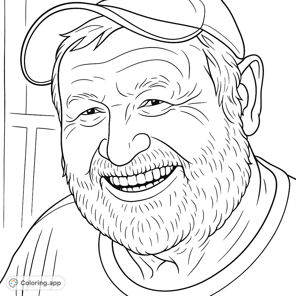 A cheerful older man with a beard and baseball cap smiles broadly, inviting a personal touch to this realistic portrait coloring page.