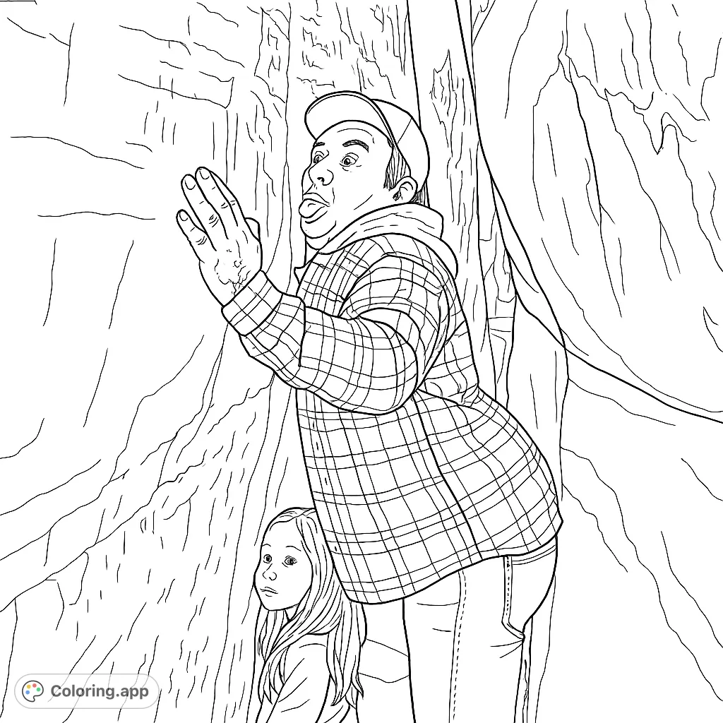 Explore a tight rock passage with a surprised man and a curious child. This adventure coloring page captures a moment of playful discovery among ancient rock formations.