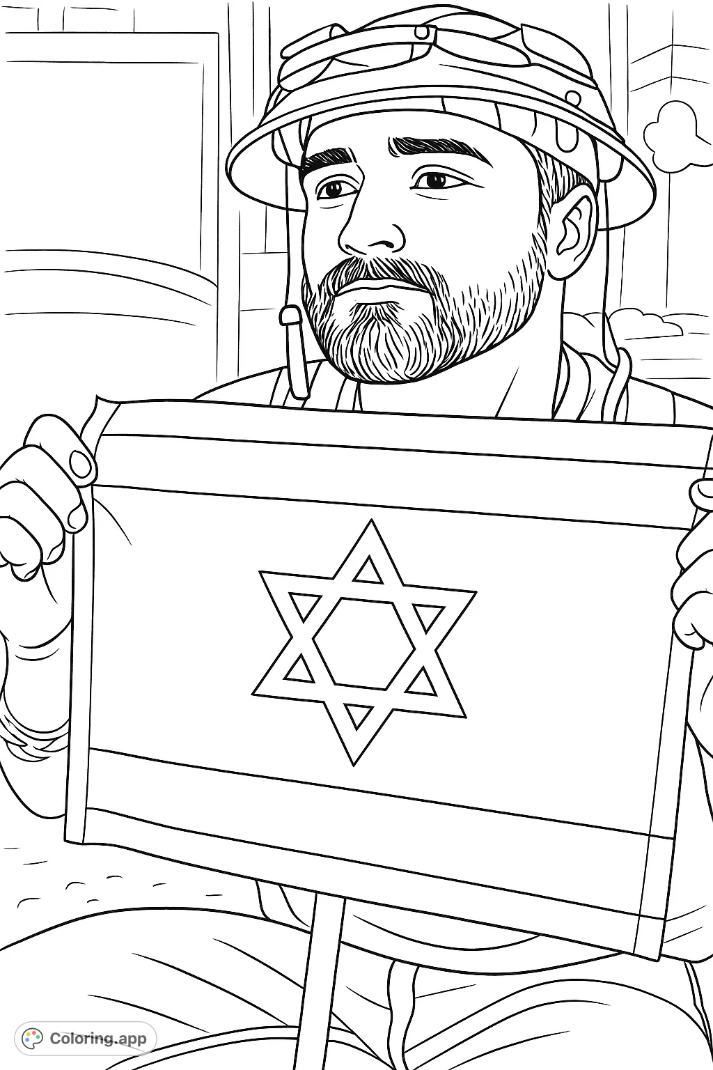 A thoughtful worker in a hard hat and safety vest proudly holds a flag with a central six-pointed star and two horizontal stripes, ideal for patriotic coloring.