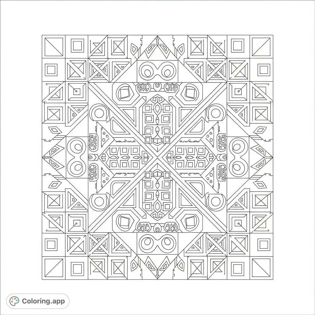 Explore an engaging abstract geometric pattern coloring page. Features intricate interlocking shapes and balanced detail for a relaxing creative experience.