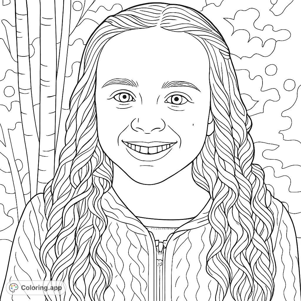 Capture the joyful essence of a happy young girl with abundant curly hair and a friendly smile in this delightful coloring page.