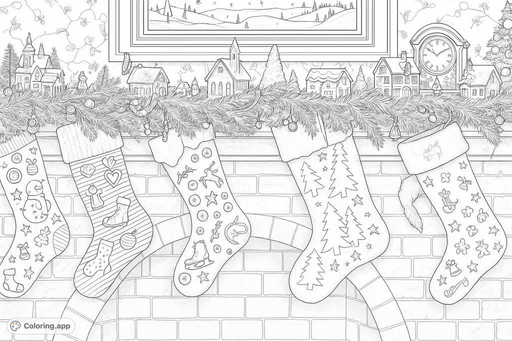 A festive Christmas scene with six uniquely adorned stockings hanging from a garlanded mantelpiece, featuring miniature houses, a winter painting, and intricate details.
