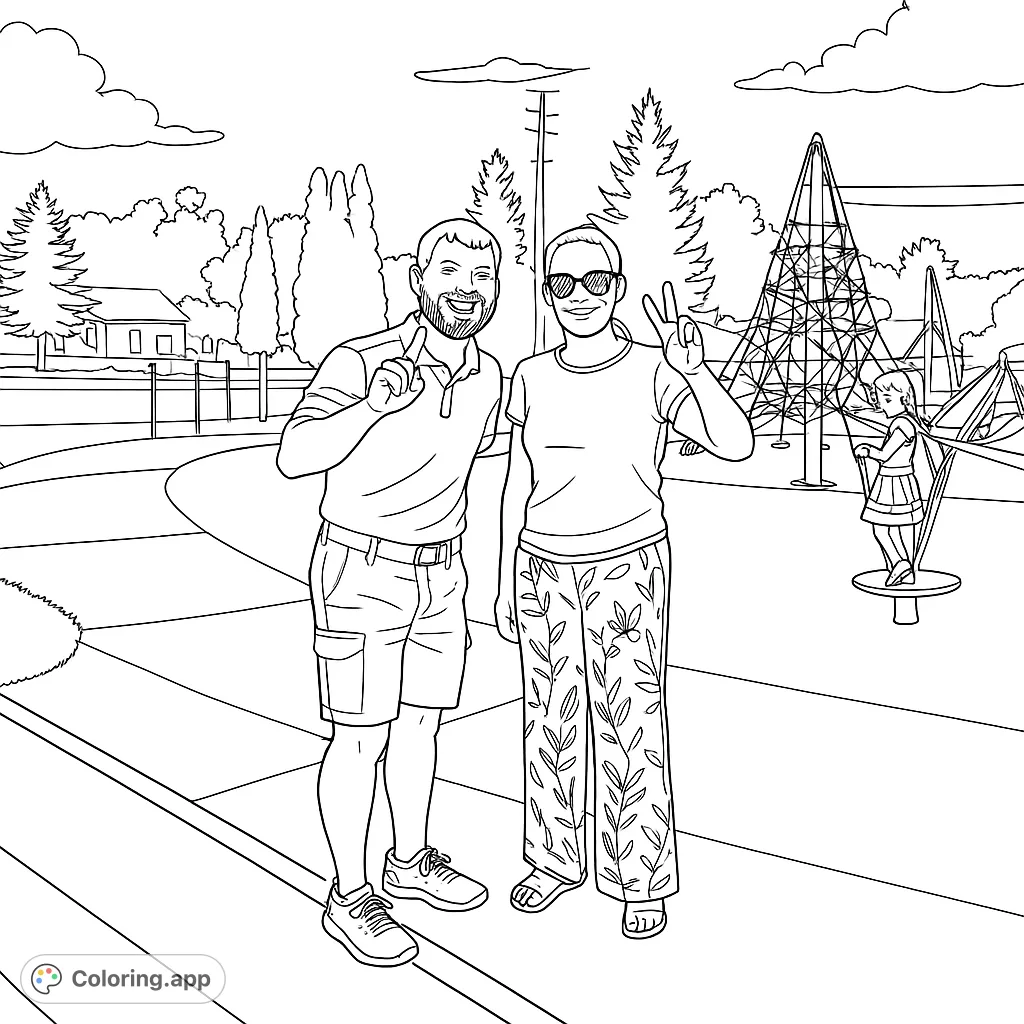 A joyful scene featuring a family at a vibrant playground with fun structures, trees, and houses in the background, perfect for a cheerful coloring adventure.
