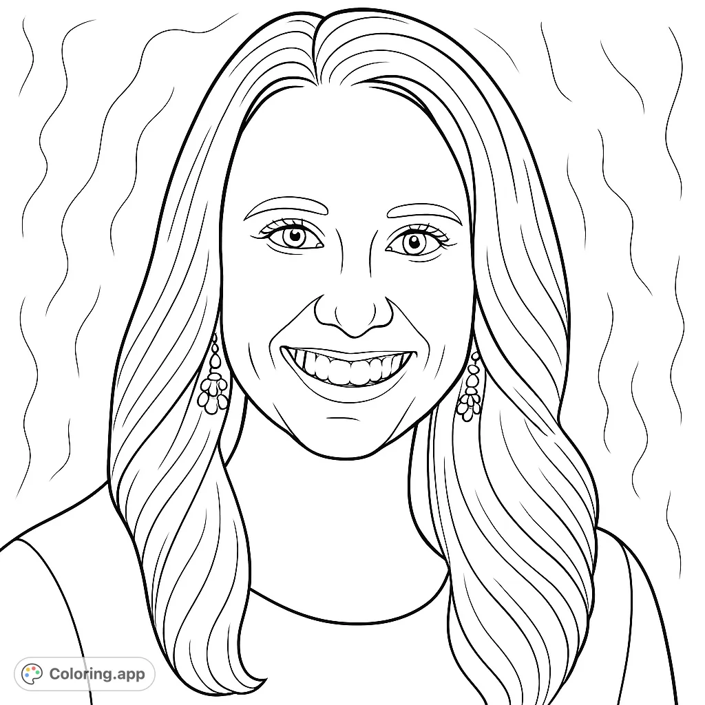 A delightful portrait coloring page featuring a smiling woman with flowing hair, perfect for practicing facial details and shading.