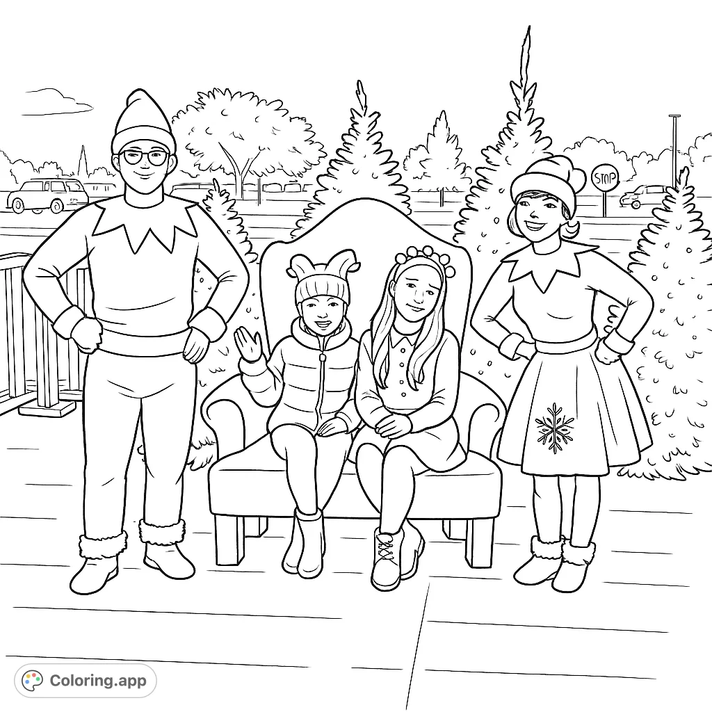 A heartwarming festive scene featuring two cheerful elves posing with two happy girls on a grand chair, surrounded by decorative trees, perfect for holiday coloring fun.