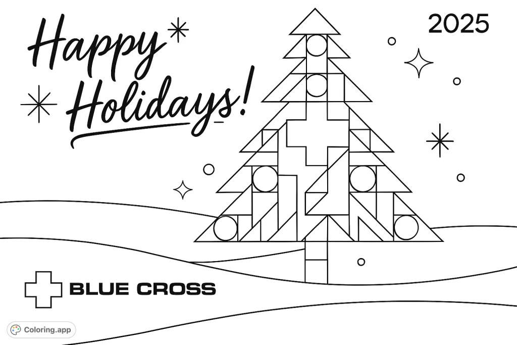 A modern geometric holiday tree coloring page featuring abstract shapes, festive ornaments, and a snowy landscape. Perfect for seasonal creativity.