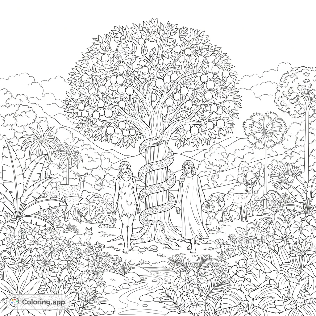 Explore a detailed Garden of Eden, featuring Adam, Eve, the serpent, and a wealth of exotic flora and fauna. An intricate journey into paradise.