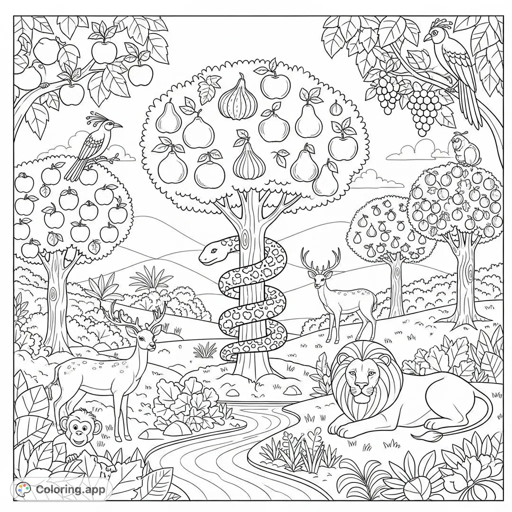 Explore a whimsical Garden of Eden with lush fruit trees, graceful animals, and intricate foliage. A perfect escape for adult colorists seeking creative serenity.