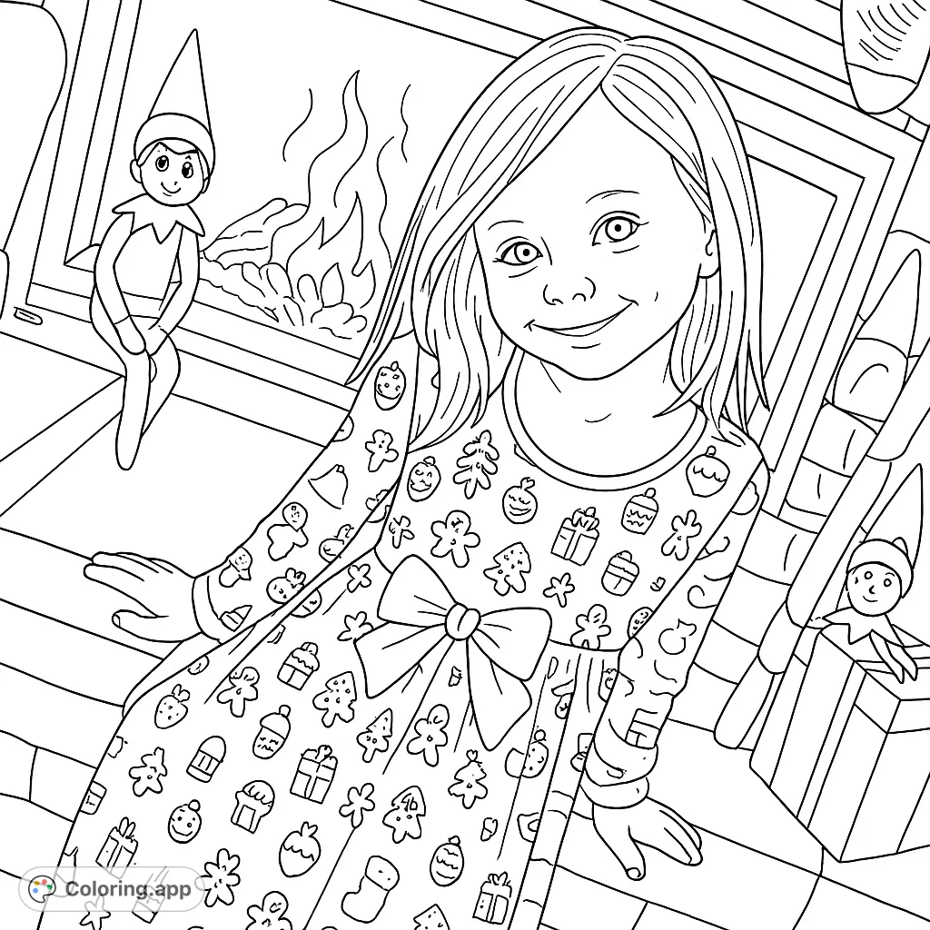 A charming child in a festive patterned dress smiles by a warm fireplace, accompanied by an elf on the shelf. Perfect for holiday coloring fun.