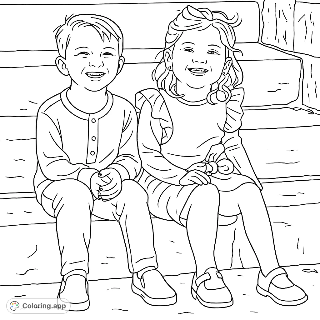 Two cheerful children sit smiling on stone steps, wearing casual outfits. A delightful scene for kids to color and personalize.