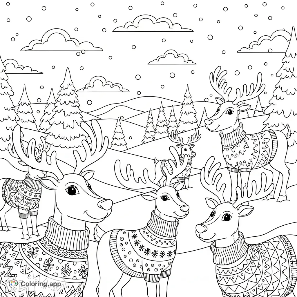 Adorable reindeer don cozy, patterned Christmas sweaters in a snowy scene, ready for a festive coloring adventure. Perfect for holiday cheer!