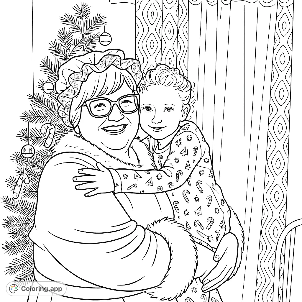 Capture the warmth of the holidays with this heartwarming coloring page featuring a jolly figure and a child sharing a loving embrace by a decorated tree.