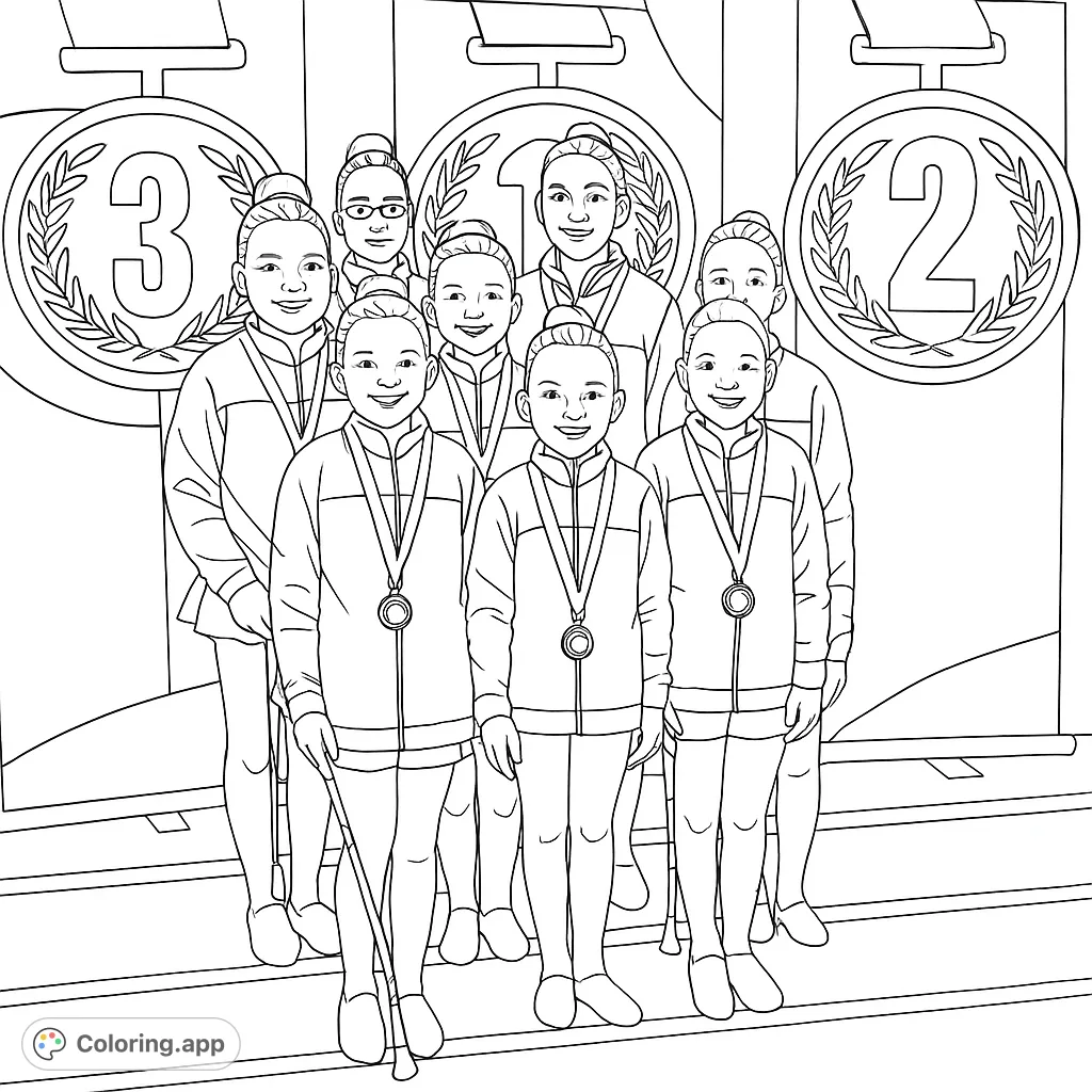 A group of happy baton twirlers proudly display their medals. Perfect for celebrating teamwork, sports, and achievements with creative coloring.