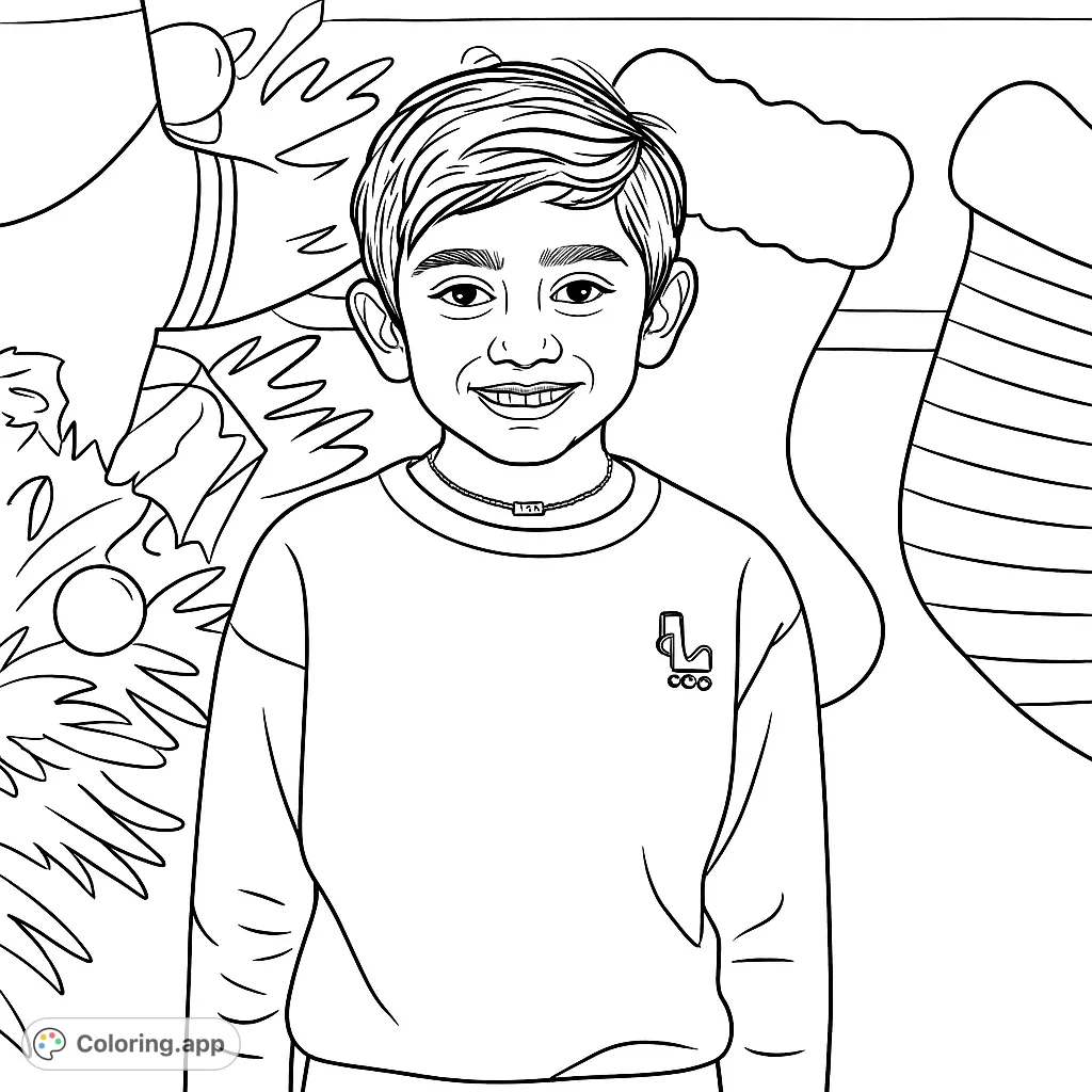 A cheerful boy smiles in front of a festive backdrop featuring holiday stockings and decor, perfect for a joyful coloring experience.
