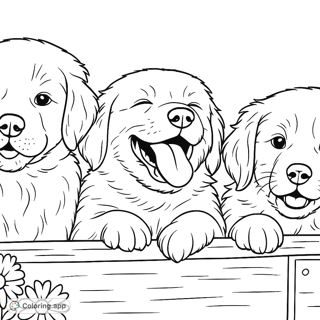 Bring these three adorable, fluffy puppies to life with your favorite shades! A charming scene of happy canine companions peeking from a wooden planter, perfect for all ages.