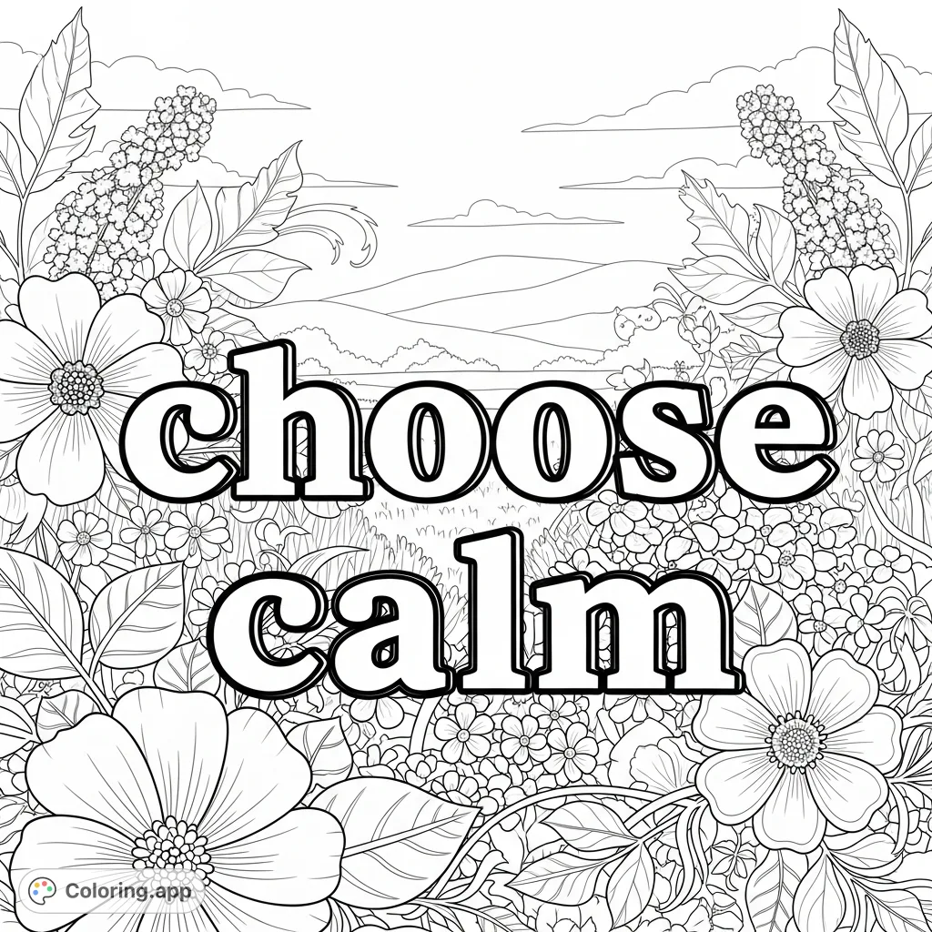Discover tranquility with this "choose calm" floral landscape coloring page. Intricate blossoms and rolling hills invite mindful coloring and relaxation.