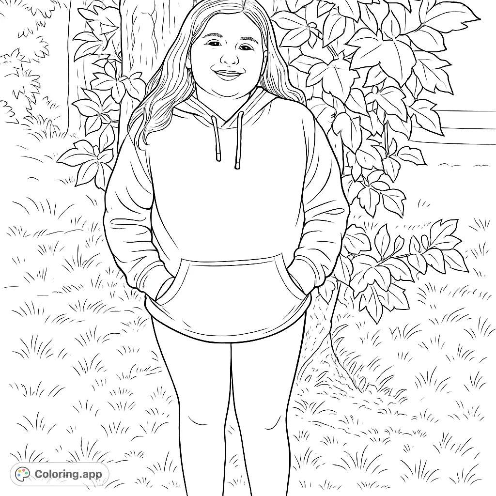 Capture a calm outdoor portrait of a young person in a hoodie by a tree. Perfect for personalizing with your favorite patterns and shades.