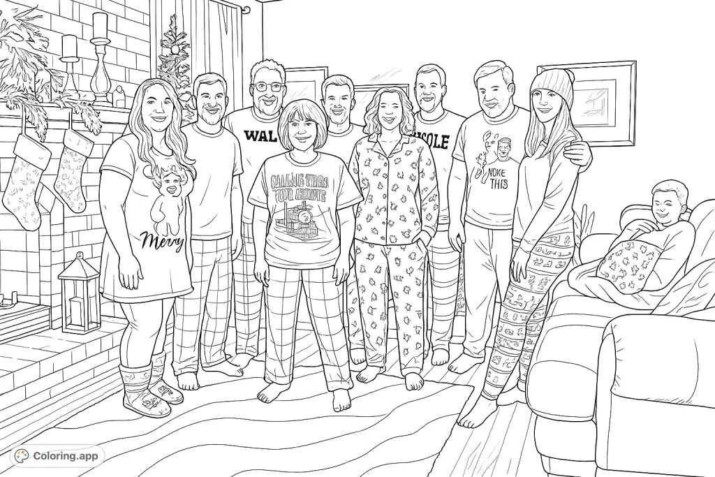 Gather the whole family for a cozy pajama party coloring page! Features a cheerful group in patterned sleepwear, festive decorations, and a warm hearth.