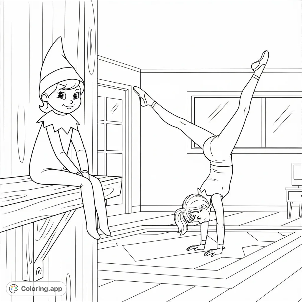 A delightful coloring page featuring a female Elf on the Shelf watching an eight-year-old girl gracefully performing a gymnastic handstand in a cozy room.