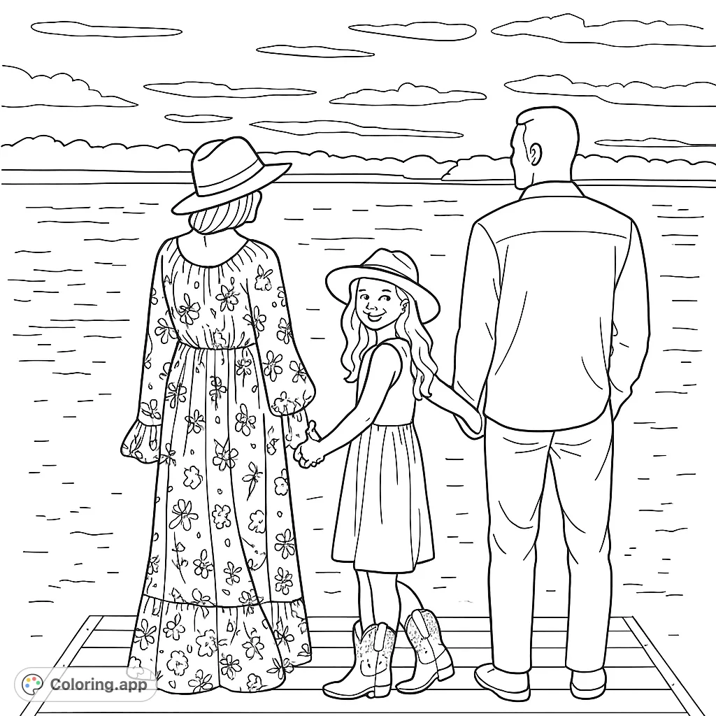 A heartwarming family scene overlooking a peaceful lake at sunset, perfect for capturing cherished moments. Features intricate clothing details.