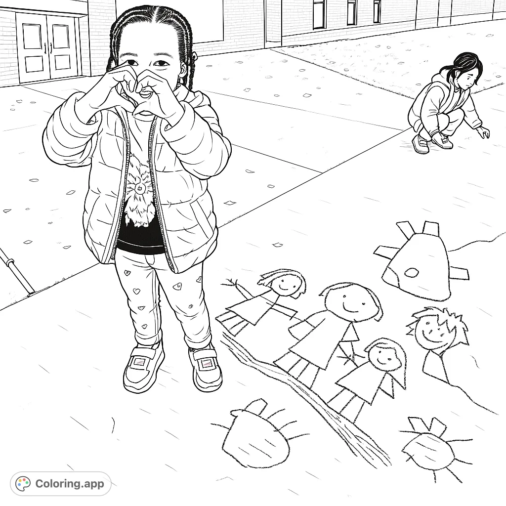 Two children enjoy outdoor fun! One makes a heart sign, while the other draws chalk figures. A playful scene for young artists to color.