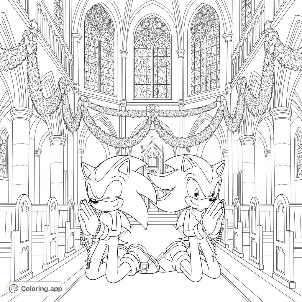 Sonic and Shadow kneel peacefully in a grand cathedral, holding rosary beads amidst stained glass and Christmas garlands. A unique, serene scene for fans.