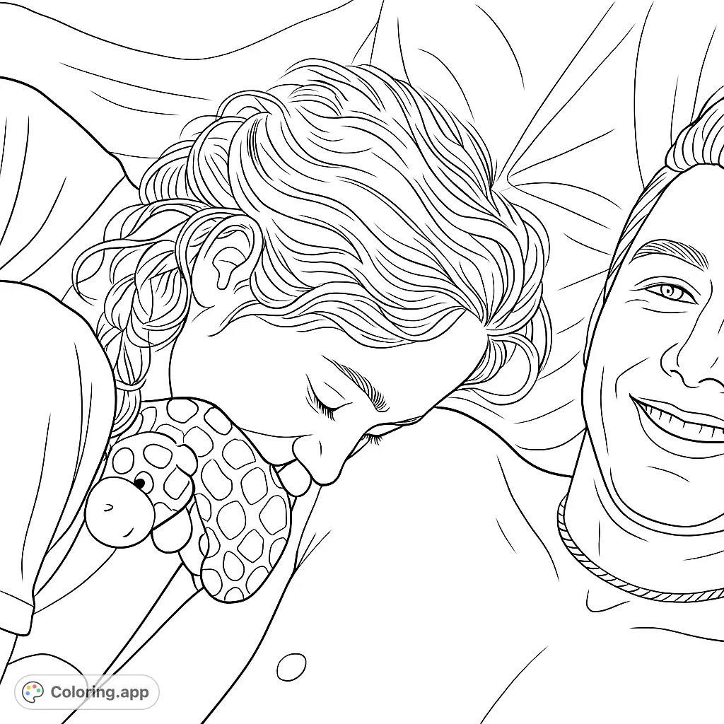 Experience a heartwarming moment of shared comfort with this intimate scene featuring two individuals and a plush toy in a cozy setting, ready for your artistic touch.