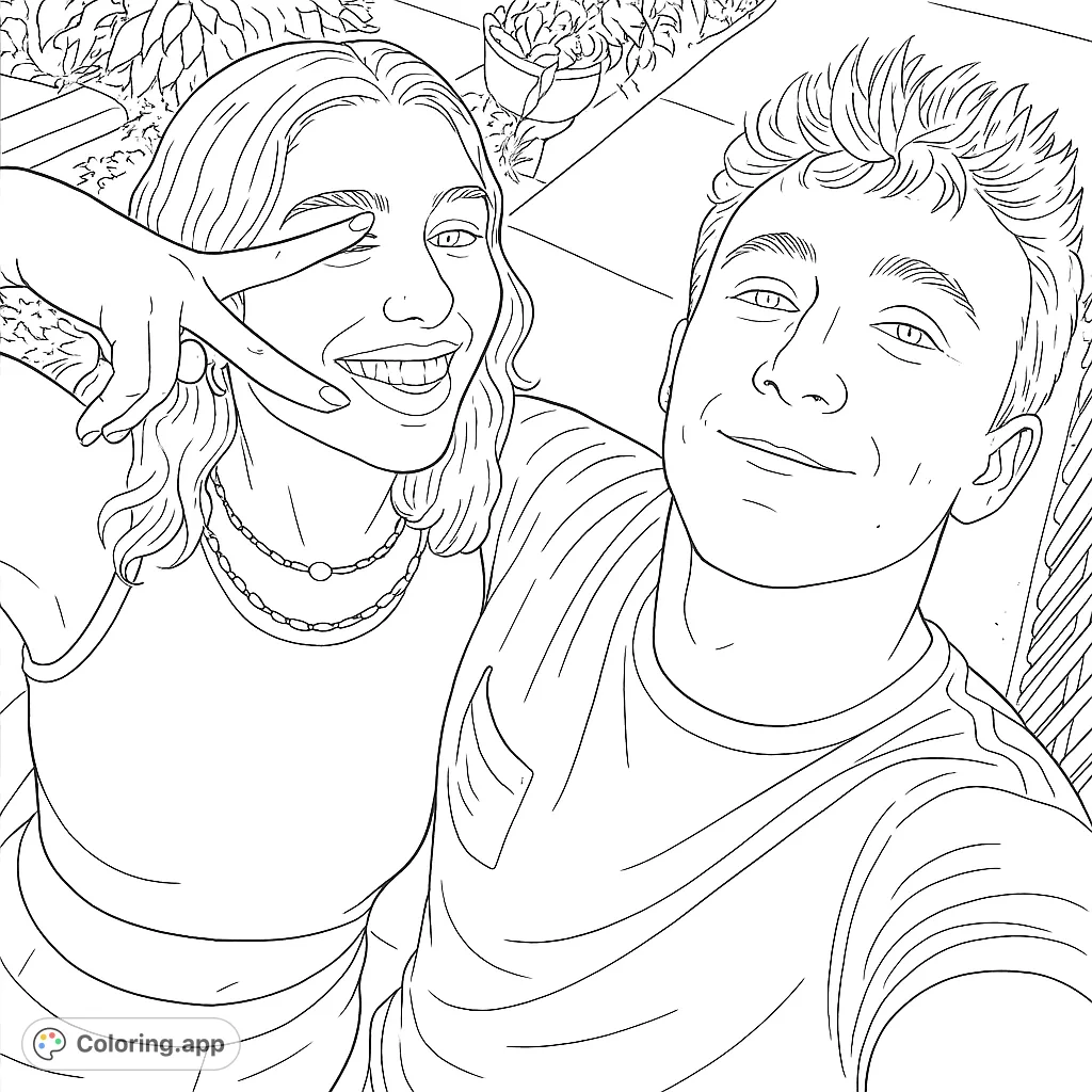 A fun, dynamic coloring page featuring two young individuals in a playful pose. One winks and makes a peace sign, offering an engaging portrait for creative expression.