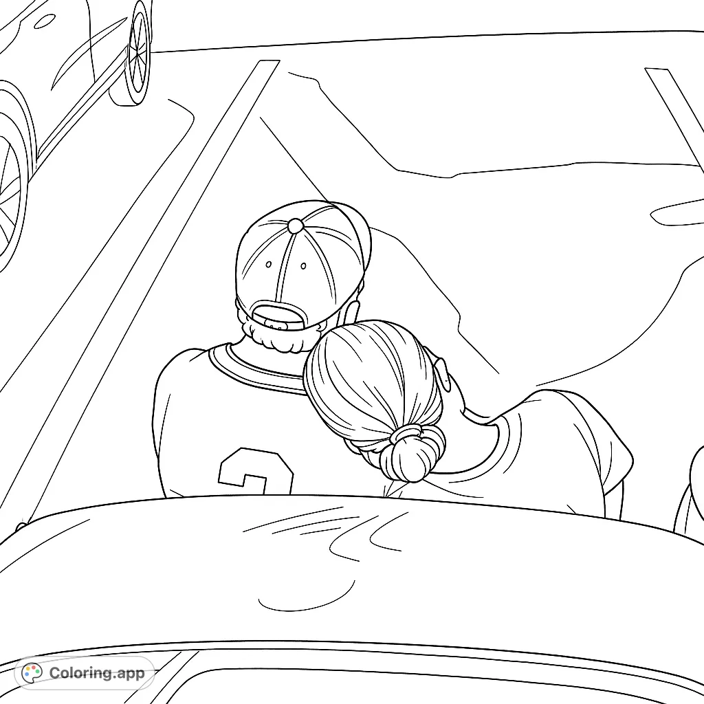 Capture a tender moment of connection with this couple's embrace coloring page. Features a serene scene of two individuals leaning together by a car.