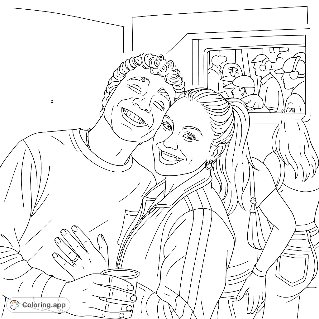 Capture the joy of a smiling couple in a lively setting. Features a man with curly hair and a woman in a distinctive striped jacket with a patterned ring.