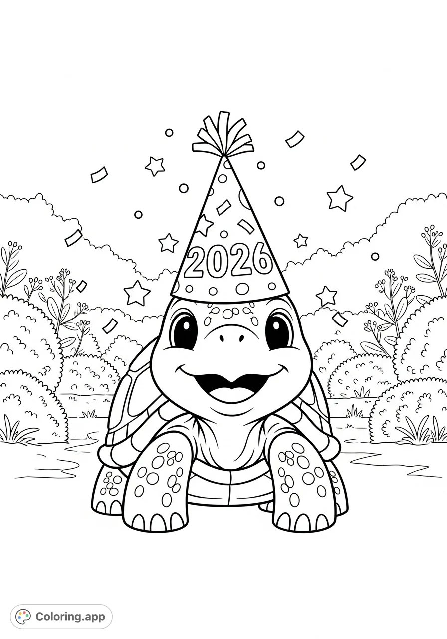 A delightful New Year coloring page featuring a smiling turtle wearing a '2026' party hat, surrounded by festive confetti and stars in a charming garden.