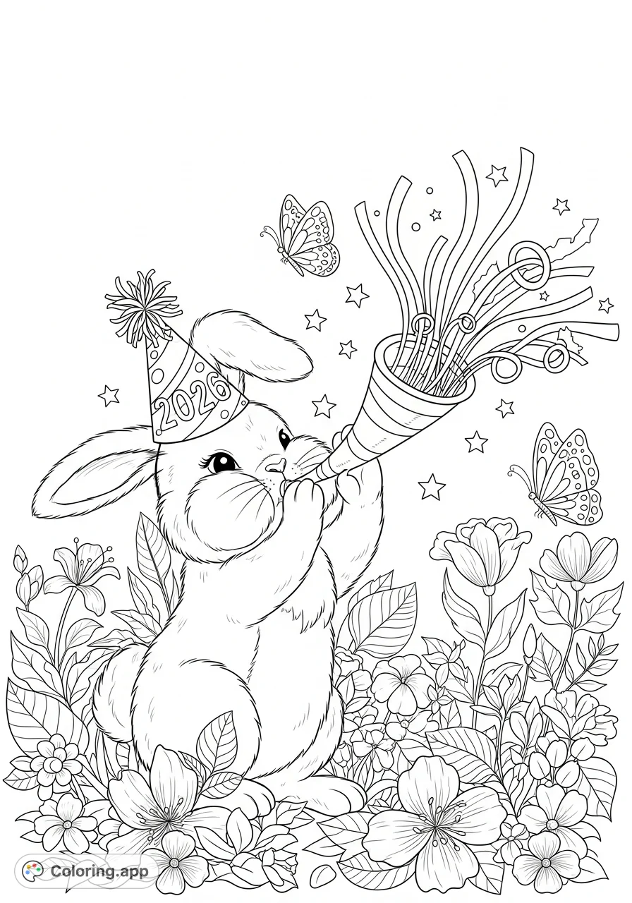 A charming bunny welcomes "2026" with a party horn and streamers in a whimsical garden. Perfect for celebrating new beginnings and joyful moments.