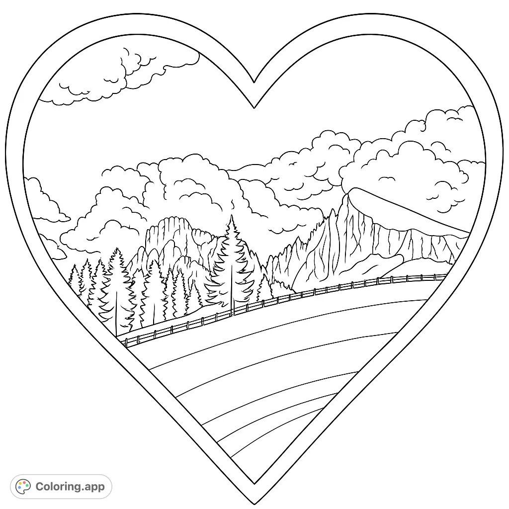 Experience a breathtaking mountain panorama framed by a rustic heart-shaped opening. A serene landscape with jagged peaks, forests, and rolling fields awaits your creative touch.