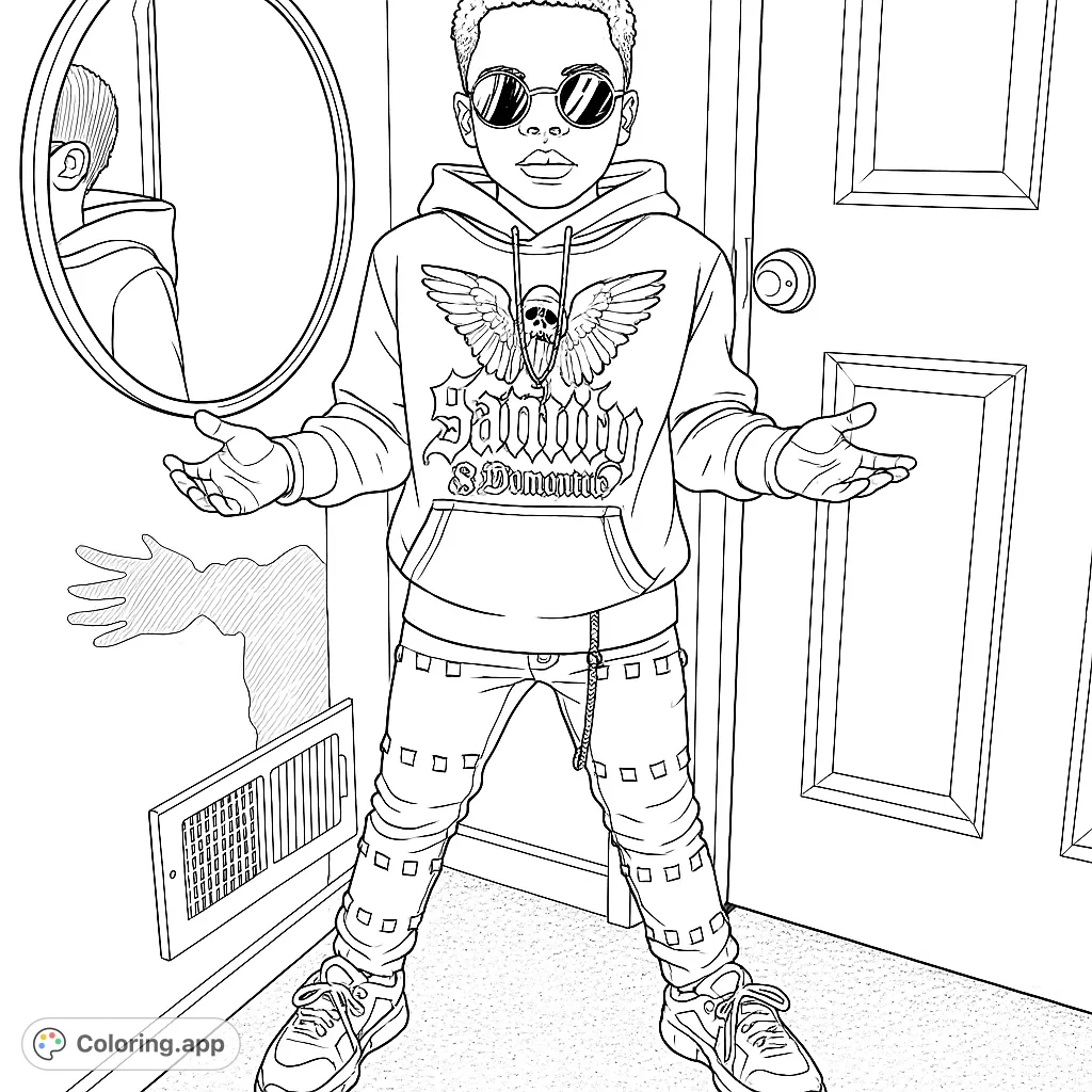 Capture urban style with this streetwear-themed coloring page featuring a cool kid in studded pants and an angel hoodie. Express unique fashion!