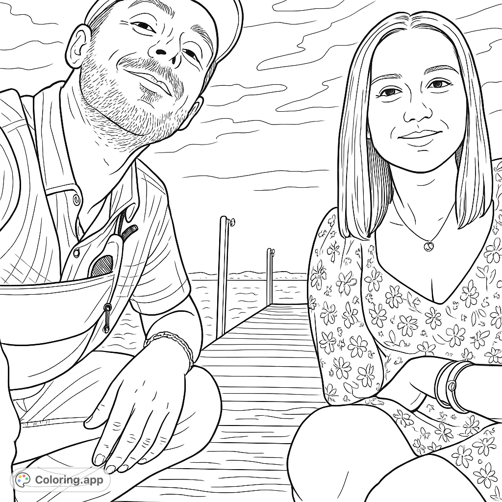 Capture a moment of a couple on a wooden pier overlooking serene waters. Features a man with a cap and a woman in a floral garment, perfect for a romantic coloring page.