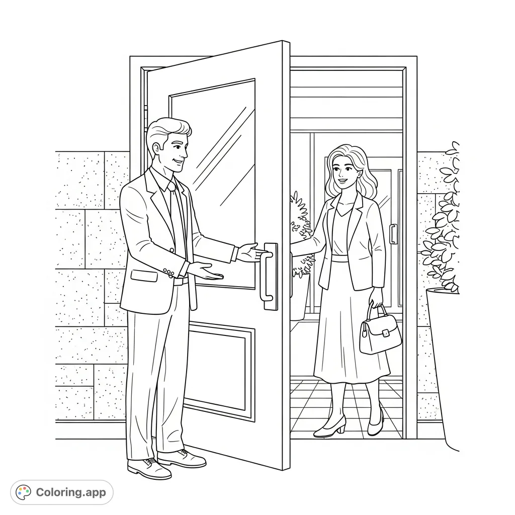 Discover a charming kindness coloring page depicting a man holding a door for a woman, a perfect free printable for learning good manners and compassion.