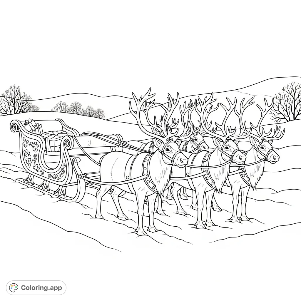 A detailed Christmas sleigh pulled by reindeer, nestled in a serene snowscape. A festive free printable Christmas sleigh coloring page for all ages to enjoy.